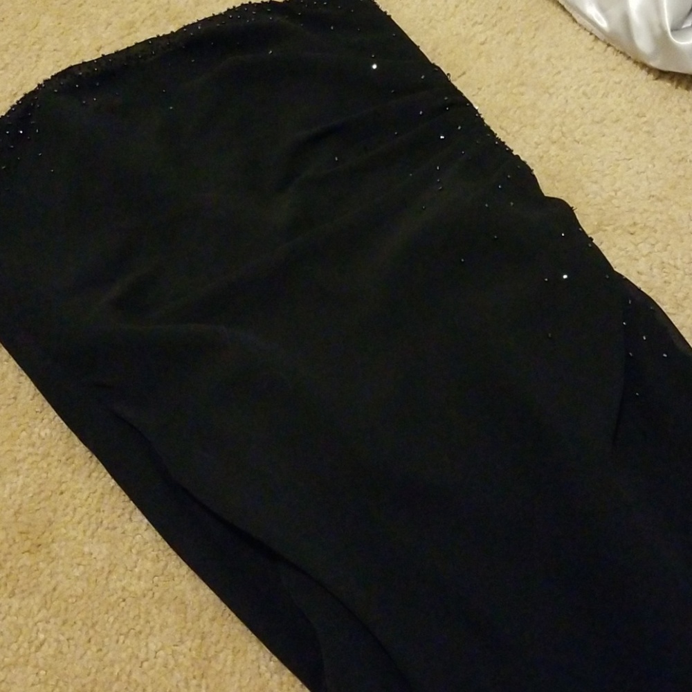 Black strapless dress with beaded detail to bust
